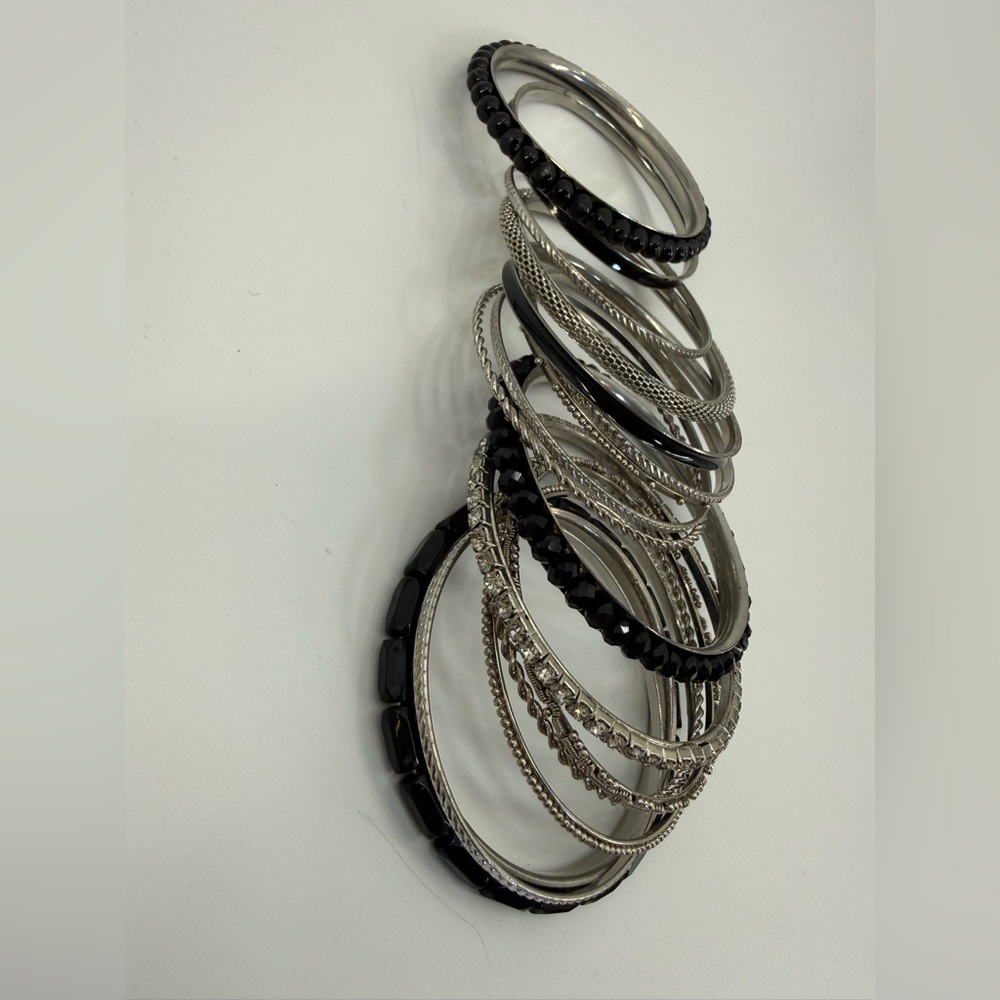 Black-Silver Multi-Layer Bracelet Stack Rhineston… - image 3